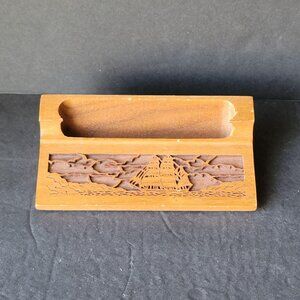 Vintage Lasercraft Walnut Engraved Sailing Ship Desktop Business Card Holder